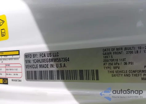 2021 Jeep Wrangler Unlimited Sahara z USA, uszkodzony, nr VIN 1C4HJXEG8MW567364